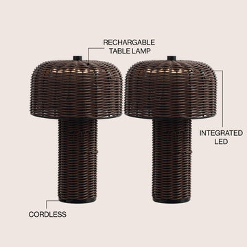 Mia 10" Modern Scandinavian Indoor/Outdoor Faux Wicker Rechargeable/Cordless Dimmable Integrated LED Table Lamp, Set of 2